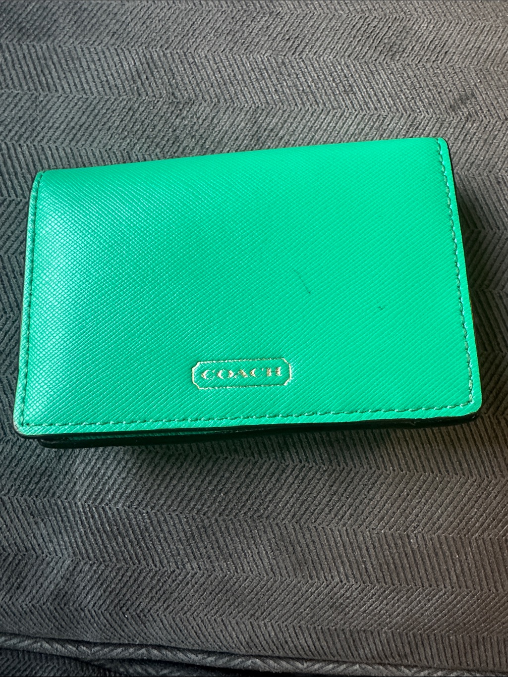 Coach Green Saffiano Leather Card Case With Gold Logo